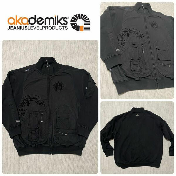 AKADEMIKS アカデミックス ブラック ミリタリー ハイブリッド スウェット ジャケット ロゴ 刺繍 XL 黒 B系 