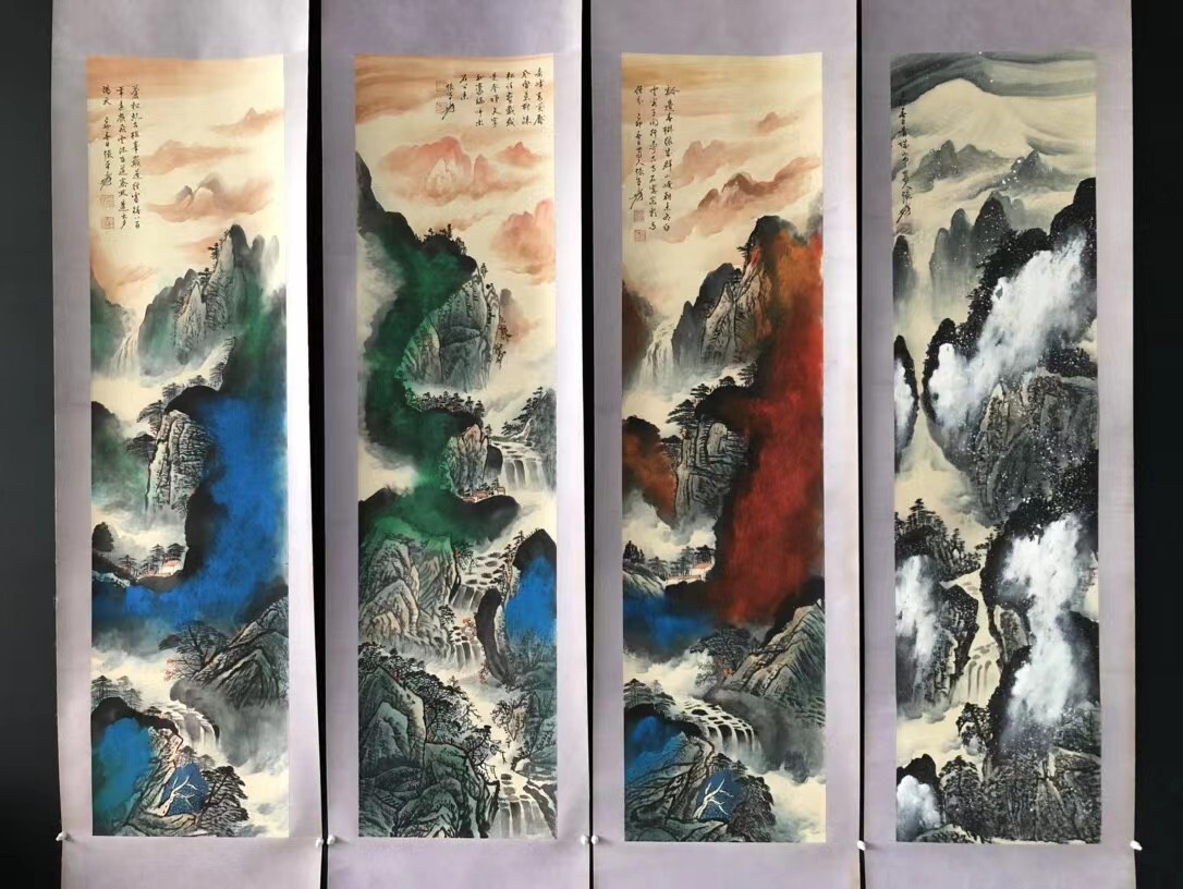 Collection of Chinese ancient paintings, calligraphy and paintings, ancient silk and silk, hand-framed in an ancient way [Artist: Zhang Daiqian] Pure hand-painted four-screen poly treasure bowl landscape painting] National painting, Chinese ancient art, substitute 2.26, Artwork, Painting, Ink painting