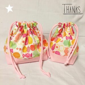 ★ハンドメイド★オレンジリボンちょうちょ柄お弁当袋＋コップ袋