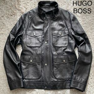 1円/極美品/希少モデル/XLサイズ/HUGO BOSS ヒューゴボス　レザージャケット　ラムレザー　羊革　レザー　本革 ブルゾン　M-65 ブラック 