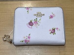 美品 COACH コーチ F29449 ラウンドファスナー 二つ折り財布 花柄 フラワー ホワイト