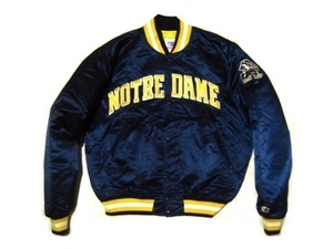 美品 米国製 NOTREDAME ノートルダム大学 L サテン STARTER スターター スタジャン FightingIrish 濃紺 ネイビー 黄 イエロー キルティング