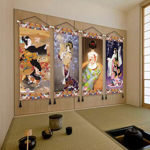 美品 掛け絵和風店舗玄関背景布アート寝室ベッドサイド壁装飾画 4点セットです 50*120CM