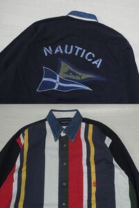 90s NAUTICA 長袖　　ボタンダウン　SUZE:L　ノーティカ クレイジー パターン 長袖 ボタンダウン シャツ　カジキ　マルチ　 襟 デニム