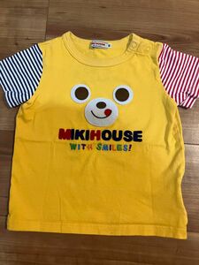 ミキハウス 人気の顔ドン プッチー Tシャツ 90サイズ 半袖Tシャツ 黄色 袖切り替えカラー 双子