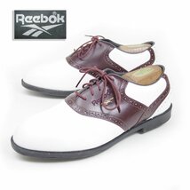 美品だけど訳アリ　9-1/2表記　27cm相当　ReeboK リーボック　ゴルフシューズ　サドルシューズ　バイカラー　革靴　白　バーガンディ/U9145_画像1