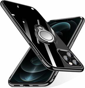 c-498 iPhone 12 mini 用 ケース リング付き 5.4インチ 透明 TPU 耐衝撃 クリア 車載ホルダー対応 軽量 薄型 擦り傷防止 クリア ブラック