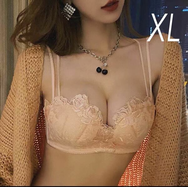 036 ピンクXL　ノンワイヤーブラジャーショーツセット　盛りブラ　ブラショーツセット　ブラ&ショーツセット バラ柄　ランジェリー　下着