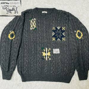 希少！極上高級手編み◆Papas パパス ケーブルハンドニット 厚手 総柄 カウチン HAND KNIT グレー Lサイズ位 ロゴ 肉厚 メンズ 編み込み