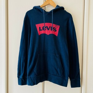 F9682cL Levi's リーバイス サイズM スウェットパーカー フードパーカー プルオーバー ネイビー×レッド メンズ ロゴ 古着 アメカジ 