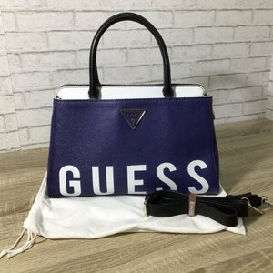 2241 【美品】GUESS ゲス ハンドバッグ ショルダーバッグ 2Way ネイビー×ホワイト 長さ:34.5ｃｍ 高さ:23cm マチ:14cm