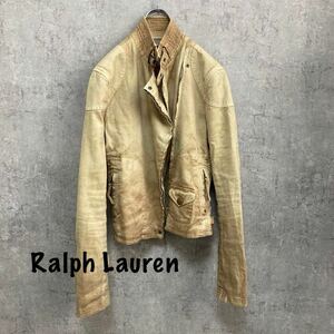 ラルフローレン　Ralph Lauren ライダース ジャケット　麻　リネン　デニムジャケット　ダブルライダーベージュデニム　肘パッチ付き