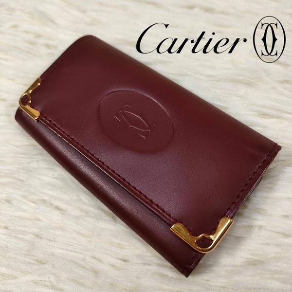 極美品 Cartier カルティエ マストライン 4連 キーケース レザー ボルドー系 メンズ レディース 赤茶色 金色 金具 ロゴ 送料無料　