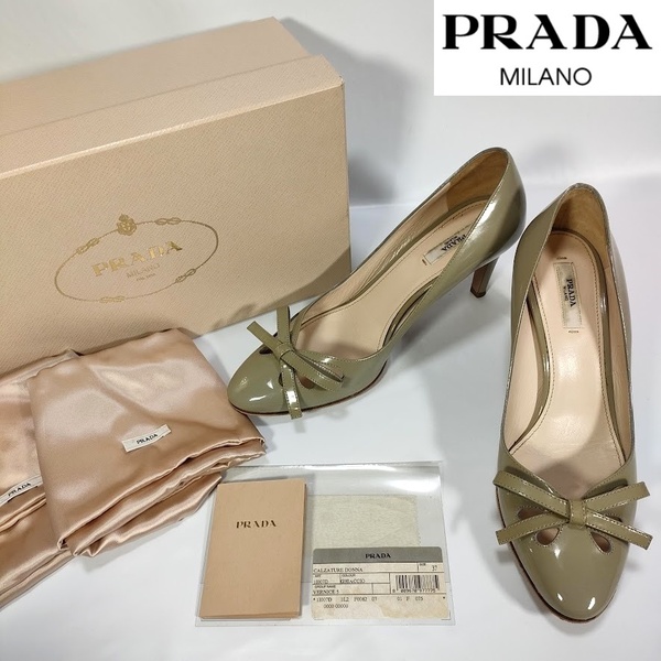 PRADA エナメル ロゴ リボン パンプス ハイヒール サイズ37 24cm ベージュ グリーン系