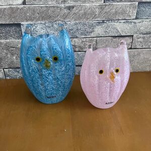 ふくろう フクロウ 梟 鳥　置物　ガラス　硝子細工　マルティグラス Multi Glass ピンク　ライトブルー　セット　レア