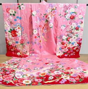 ◆薬玉と手毬にラメ糸刺繍の花♪正絹七歳女児祝い着◆ 上質紋綸子 七五三 裄50(8) 