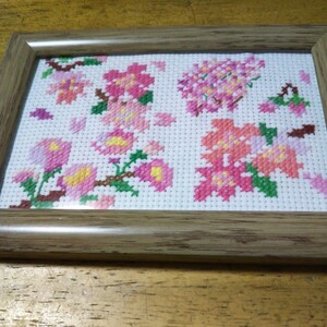 手作り ハンドメイド クロスステッチ 桜 花見 4月行事 写真立て 完成品 