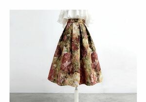 レディーススカート ロング丈　ゴブラン風ポンポンスカート素敵花柄織
