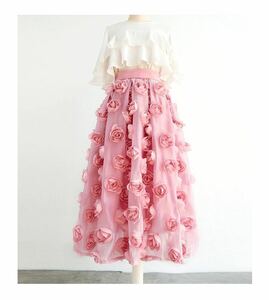 レディーススカート ロング丈　チュールポンポンスカート素敵薔薇立体花柄　おしゃれ