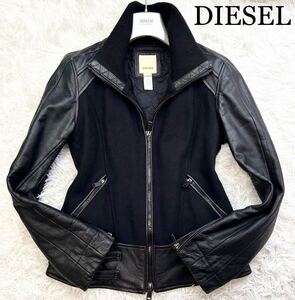 極美品★幻のXL★ディーゼル DIESEL 最高級カウレザー切り替えデザインジャケット 牛革 本革ライダース シングル ZIPメタル 艶感ブラック黒