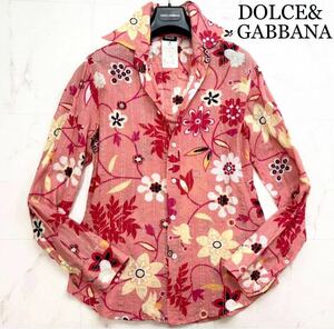 【極美品】定価15万!幻!DOLCE&GABBANA【映える大人ピンク】圧巻華やか 最高級フラワー花柄シャツ ストレッチ 長袖 イタリア製 D&GドルガバM