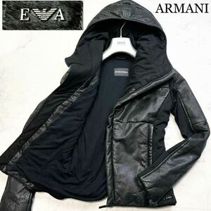 【極美品】幻の逸品★希少XL!! EMPORIO ARMANI【溢れる高級感】 最高級子牛カウレザー ダウンジャケット メタルロゴプレート 黒ブラック 50