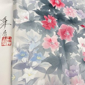 着物月花　前田華清　手描き染　品のある花　訪問着　未使用品　正絹　共八掛　一つ紋　縫紋　ki807