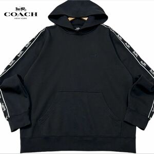 極美品/L相当●COACH コーチ 刺繍馬車ロゴ サイドライン パーカー フーディー プルオーバー ブルゾン ブラック 黒 コットン 綿 メンズ