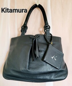 【Kitamura】キタムラ トートバッグ ネイビー レザー リボン 美品 横浜元町