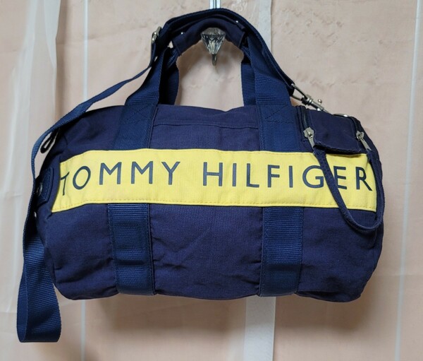 【TOMMY HILFIGER】ボストンバッグ キャンバス ネイビー ドラム型 ショルダー付き 美品