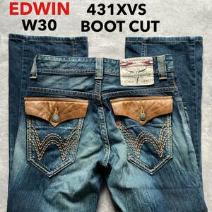 即決 W30 エドウィン EDWIN 431XVS ブーツカット フレア コンチョボタン フラップポケット ユーズドヒゲ加工 日本製 オレンジステッチ