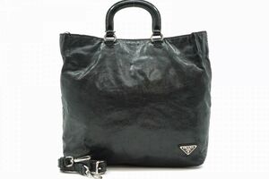 1円〜 プラダ 2way ショルダー ハンドバッグ トート 三角ロゴプレート ヴィンテージ加工 Unisex レザー 黒 ブラック PRADA 7594h