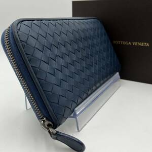 1円●美品●BOTTEGA VENETA ボッテガヴェネタ 長財布 イントレチャート ラウンドウォレット ジップ レザー 本革 ネイビー メンズ 男女兼用