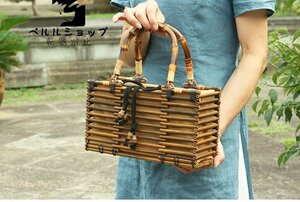 自然竹編み上げカゴバック　 手作りバスケット　ナチュラル買い物カゴ　収納バッグ