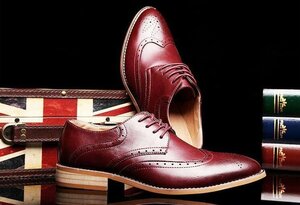 ビジネスシューズ メンズシークレット革靴 PUレザー紳士靴 ウイングチップ ブローグスリッポン 24～27.5cm ワインレッド