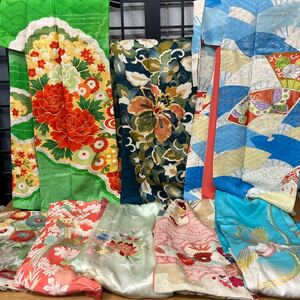 一右衛門No339 振袖　8枚　大量まとめ売り　昭和レトロ 正絹着物 金駒刺繍 京友禅 振袖 リメイク 着物 