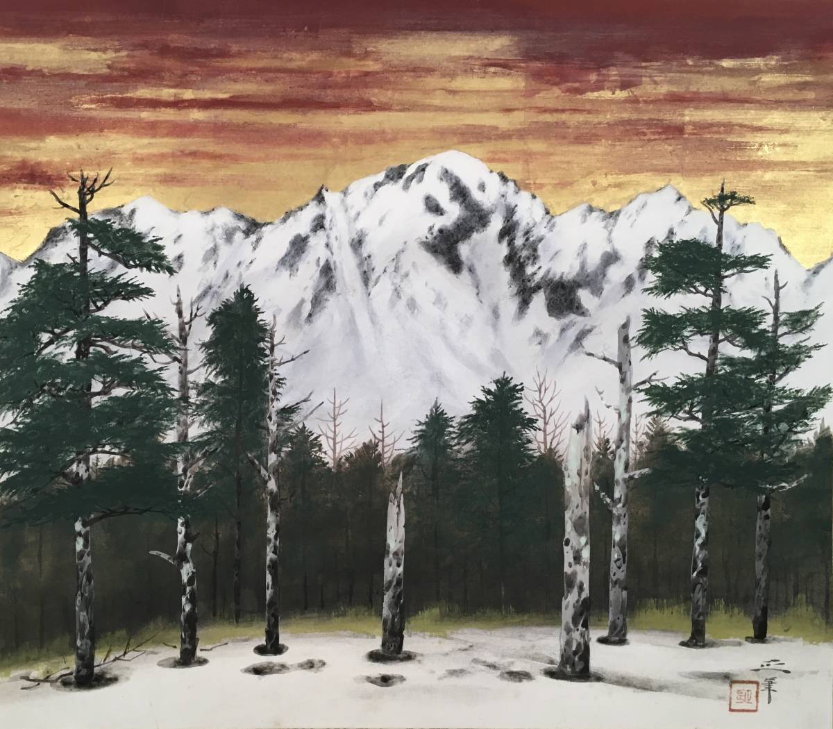 黎明时的冬山！/[正确/日本的冬天风景]/日本美丽的雪景, 绘画, 日本画, 景观, 风月