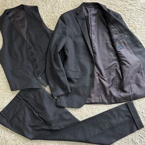 極美品!! THE SUIT COMPANY スーツカンパニー スーツ セットアップ 3ピース ウール 170cm-6Drop M相当 ジャケット ベスト ダークグレー