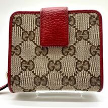 1492 美品 希少色● GUCCI グッチ 二つ折り 財布 コンパクトウォレット GG キャンバス レザー コイン カード レッド レディース wallet 赤_画像2