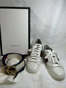 [240129-2MA]《靴/ベルト》レディース/グッチ/Gucci/レザー/ホワイト/スニーカー/35.5/箱・保存袋付/シルヴィ/ウェブライン/GG/マーモント