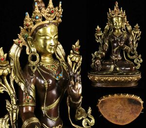 チベット密教 銅製 彩色 多羅菩薩像 大型 全長31cm 3600g 時代古玩 仏教美術[6253qr]