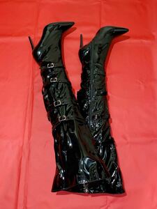  belt using * enamel thigh high boots EU43 black * reverse side boa V pin heel ..tu* woman king * cosplay 