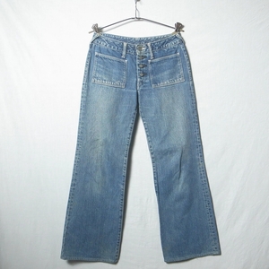 45rpm patch pocket flair jeans 29 / bell bottom indigo Indigo dyeing Denim pants lady's brand old clothes 45R