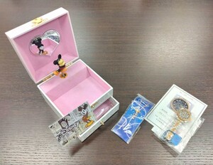 #7959 ディズニー ミッキーマウス オルゴールケース付腕時計 黒文字盤×ダイヤ シルバー×ゴールド 日付 Gカード/取説付 現状品