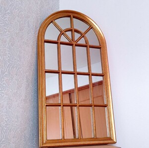 アンティーク調 ウィンドウミラー 壁掛け 鏡 ウォールミラー ゴールド インテリア 窓枠風 中古 送料無料 即決
