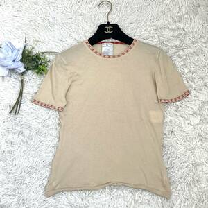 1円〜美品【最高峰 繊維の宝石/カシミヤ100%】CHANEL シャネル ニット Tシャツ ココマーク 半袖 クロップド チビT 01S ベージュ 38 M