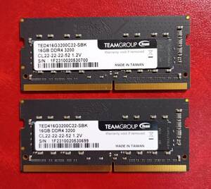 MP190-A【動作品】TEAM DDR4-3200 16GB×2枚 計32GB【送料無料】PC4-25600 ノートＰＣ用 non-ECC Unbuffered TED416G3200C22-SBK