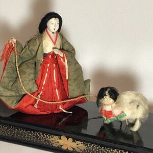 古い 雛人形 狆 (ちん) 引き 官女 ひな人形 犬 日本人形 アンティーク 大正時代