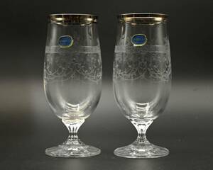 0521-1　ビールグラス　ビアグラス 2個セット　アシッドエッチング、シルバーリム　ボヘミアクリスタル　No.4304-280-2　チェコ製