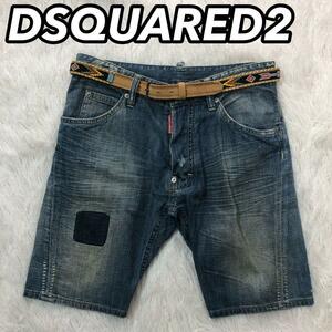 DSQUARED2 ディースクエアード ショートデニムパンツ ハーフ ジーンズ 半ズボン 短パン ベルト付 レディース 38 パッチワーク リペア加工